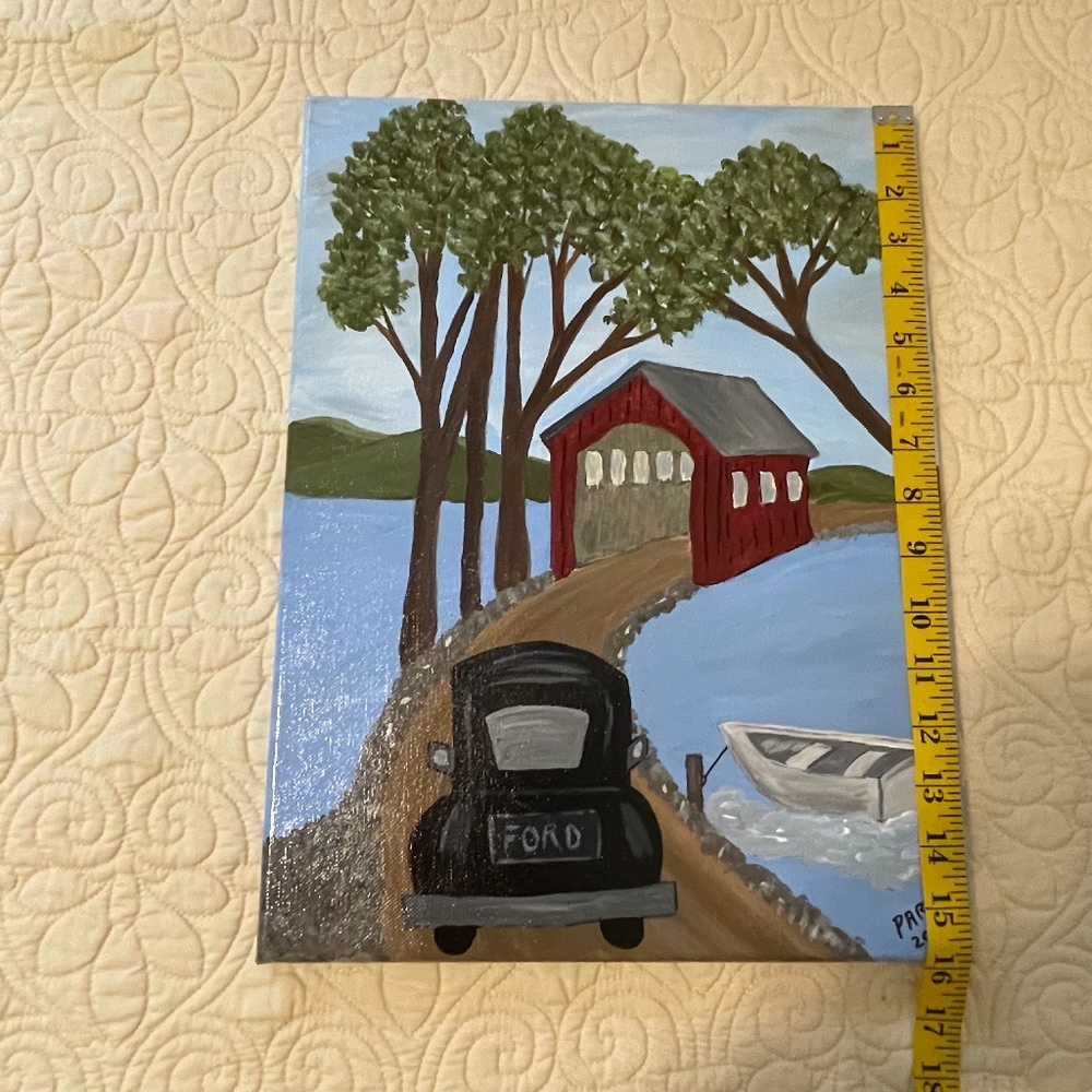 Old Ford & Covered Bridge Painting 12x 16 Acrylic Painting